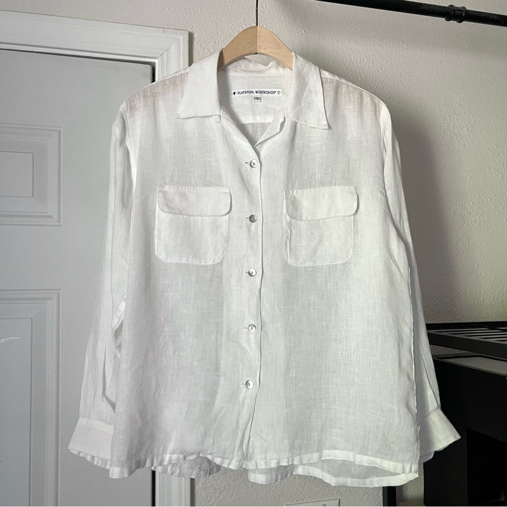 FLATIRON WORKSHOP white linen long sleeve button up shirt‎